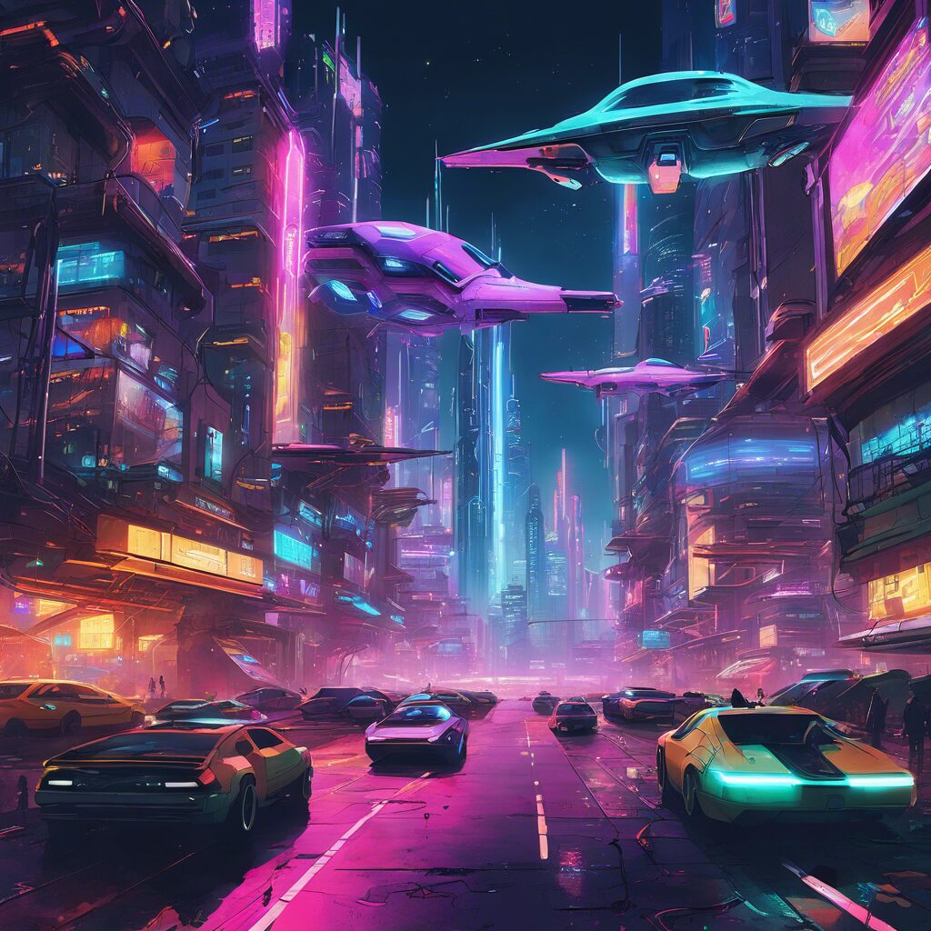 A futuristic cityscape at night with neon lights a